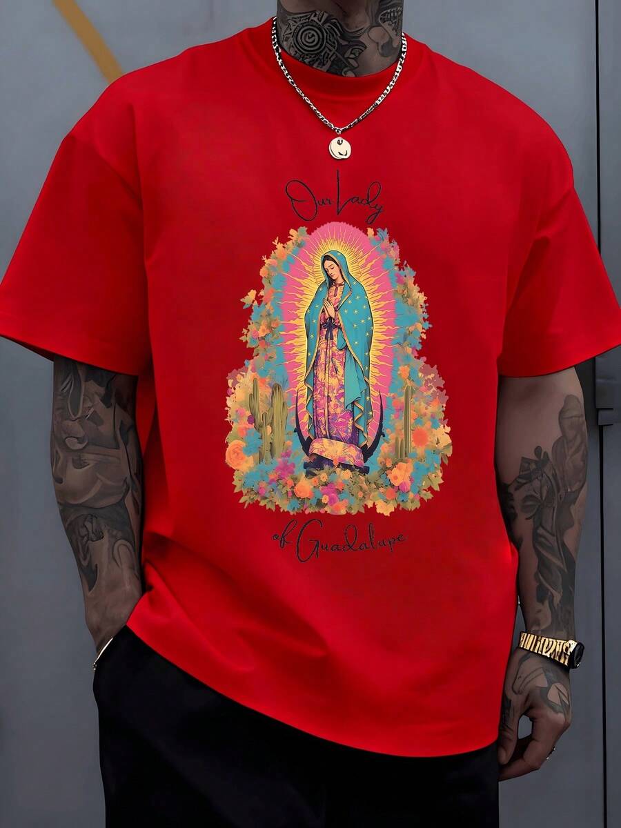 Colorful Image Of The Virgin Of Guadalupe Surrounded By Vibrant Flowers, A Symbol Of Hope, Faith And Protection, With Bright Halos That Convey Peace And Devotion. Men's T-Shirt, 100% Cotton, 220g - 紅色 - 查看 1