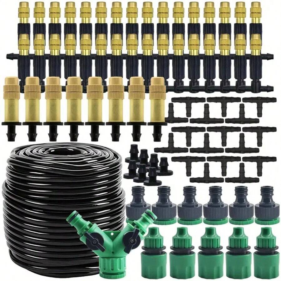 Sistema de riego por nebulización multifuncional para exteriores de 15m/20m/25m/30m, kit de enfriamiento y riego para jardín con boquillas de niebla de latón y tubería de 1/4", adecuado para jardín, invernadero e irrigación