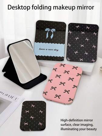 مرآة طاولة قابلة للطي مربعة الشكل، بتصميم فرنسي جديد مع نقشات المربعات والحروف والحرير الأصفر والنقاط والنجوم والشريط والفيونكة، بحجمين صغير وكبير، مقاومة للسقوط، للاستخدام المنزلي، محمولة، عالية الجودة، مرآة تجميل للطاولة، مرآة مدمجة للسفر، للغرفة المعيشية والنوم، هدية لأصدقاء وأسرة وصديقة في عيد الحب وعيد الأم