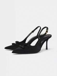 Women's Black High Heel Shoes, 2025 Autumn New Velvet Effect Bowknot Peep Toe High Heels,Spring Summer Outfits - Black - View 1