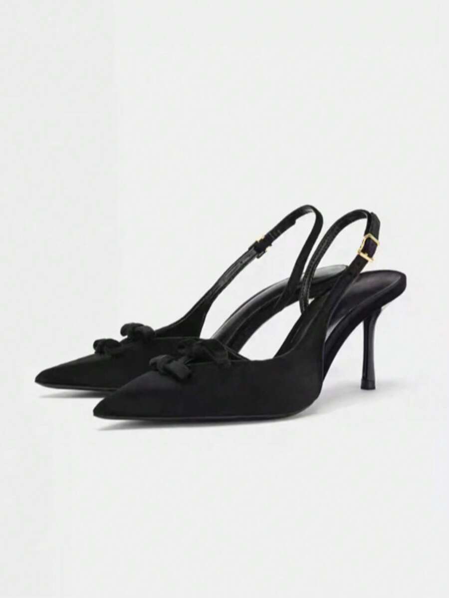 Women's Black High Heel Shoes, 2025 Autumn New Velvet Effect Bowknot Peep Toe High Heels,Spring Summer Outfits - Black - View 1