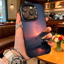 Cubierta de telefono con diseño de paisaje al atardecer azul oscuro para iPhone 14 Pro Max funda protectora con impresion de montana y cielo naranja rojo ideal para uso diario en cafes y salas de estar - Negro - Ver 1