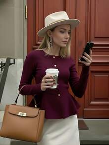 Cárdigan de punto de cuello redondo de unicolor para mujer, de manga larga, para otoño e invierno. El bajo con volantes le da un toque de elegancia y estilo. Este sofisticado y elegante suéter es perfecto para sesiones de fotos, uso diario o simplemente para dar un paseo.