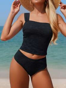 Swim Lushoire 两件套女士夏季沙滩提花纹理面料泳衣套装 - 黑色 - 查看 1