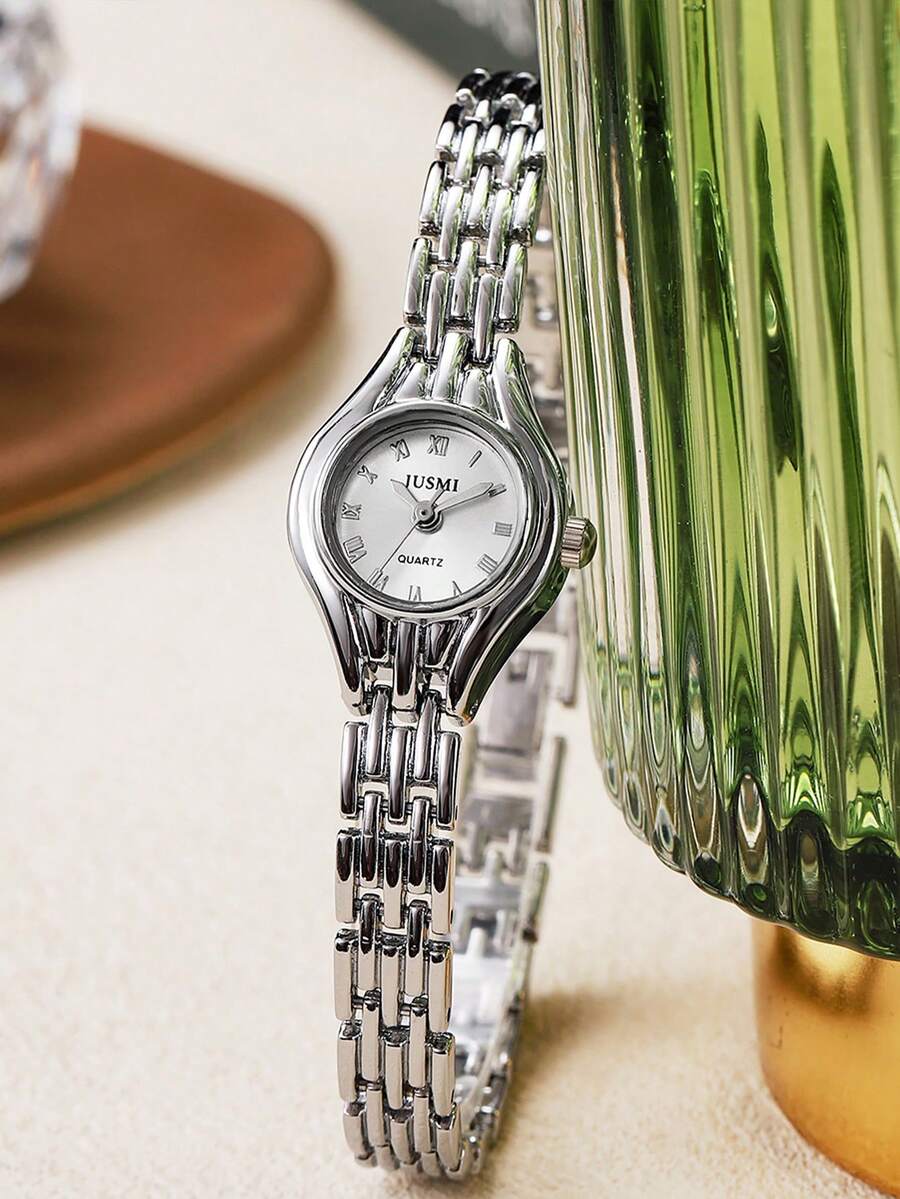 1pc Stylish Compact Arabic Numeral Scale Dial Steel Band Quartz Watch, Suitable For Birthday Gift, Singles Day - Silver - View 1