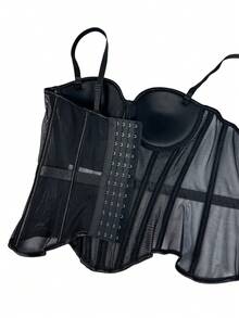 Women's Solid Color Corset-Style Brown Backless Mesh Camisole With Bra, Autumn/Winter Lingerie