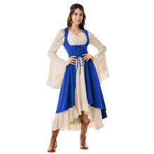 2pcs Medieval Renaissance Style Women Costume, Low Cut Pirate Peasant High Low Hem Dress With Collar, Autumn Dress, Halloween Party Outfit - Multicolor - View 38