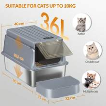HEXCELEN Stainless Steel Cat Litter Box With Lid, XL Closed Metal Cat Litter Box, Cat Litter Box With Scoop And Step, Removable, 120° Hinged Lid, Easy To Clean, Dark Grey - 60 L x 40 B x 38,5 H cm - 查看 7
