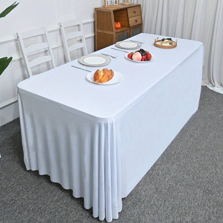 1pc White Spandex Tablecloth 4ft/5ft/6ft/8ft/10ft, 3-Sided Stretch Table Cover For Trade Show, Wedding, Birthday Party, Home Decor, Cake Table, Holiday Decoration - Multicolor - View 1