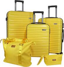 3 Piece Luggage Set ABS Hardshell Spinner Wheels Carry On Suitcase With Weekender Bag & Toiletry Bag - Yellow - Yellow - View 5