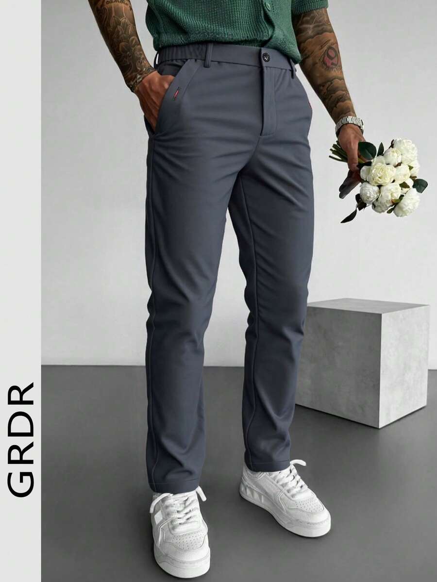 GRDR 男士纯色口袋休闲通勤锥形裤 - 深灰色 - 查看 1