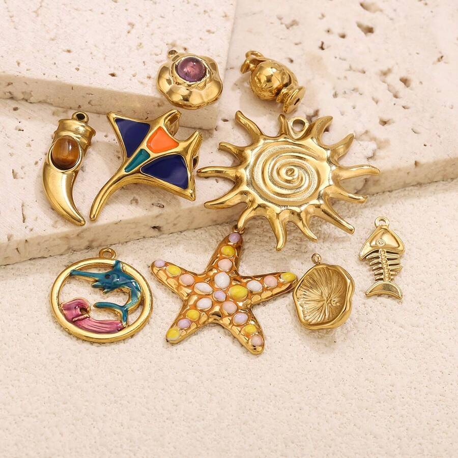 1件不锈钢镀18K金吊坠，饰有太阳、月亮、花朵和蝠鲼图案，DIY珠宝制作配件，女士不锈钢吊坠 - 29吊墜 - 查看 1