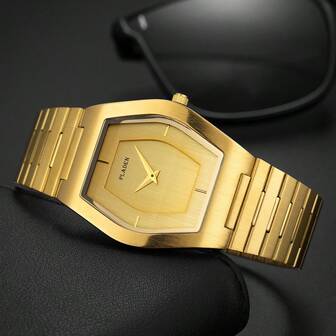 PLADEN Classic Wine Barrel Luxury Golden Stainless Steel Quartz Men&Women's Watch