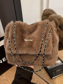Autumn/Winter Fluffy Handbag For Women, New Arrival Chain Plush Bag, Ins Style Versatile Shoulder/Crossbody Small Bag - Coffee - View 8
