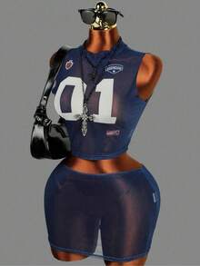 3pcs/Set Summer Mesh Sheer Dress Outfit, Floral Print Off-Shoulder Sexy Birthday Party Dress - Blue - View 1