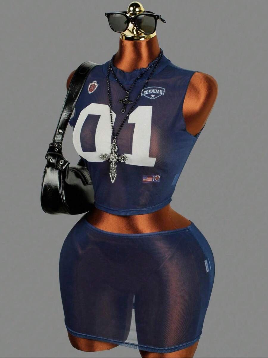 3pcs/Set Summer Mesh Sheer Dress Outfit, Floral Print Off-Shoulder Sexy Birthday Party Dress - Blue - View 1