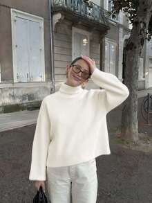 Senya 女士红色高领长袖针织毛衣，宽松休闲，百搭，适合圣诞节、元旦、情人节通勤穿着，女士冬季毛衣，新年款 - 杏色 - 查看 3