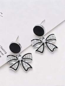 1 Pair Glamorous Rhinestone Bow Earrings, Suitable For Daily Wear - Silver - View 4
