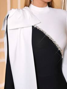 Love Aing فستان مخطط أسود وأبيض للسيدات، فستان طويل، فيونكة أنيقة، فاخر وأنيق، حفل رسمي، مصنوع يدويًا بالماس، ملابس رأس السنة، مناسبة احتفالية، كريم، فستان لضيف الزفاف، فستان طويل لمناسبة رسمية - أبيض وأسود - مشاهدة 10