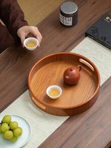 1 Peça Bandeja de Servir Redonda de Madeira de Nogueira com Alça, Para Segurar Alimentos, Lanches, Bebidas, Sushi, Bife, Pizza, Sobremesas, Bolos, Pães, Bandejas de Café da Manhã, Bandejas de Jantar, Bandejas de Café, Bandejas de Chá, Tábuas de Frios, Adequado para Festa da Primavera, Dia dos Namorados - bordô - Visão 4