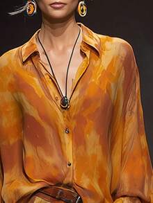 Women's Fashionable Casual Tie-Dye Print Open Front, Lantern Sleeve Blouse, Daily Commute, Spring/Summer New - Coral Orange - View 4