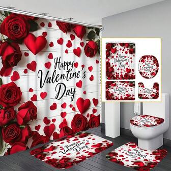 1/4pcs Valentine's Day Theme Red Rose Pattern Shower Curtain Set, Happy Valentine's Day Scene Decoration Shower Curtain, Washable Polyester Shower Curtain, Includes 12 Hooks, Non-Slip Bathroom Rug, Toilet U-Shaped Pad, Toilet Seat Cover Pad