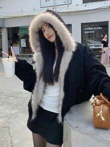 Distressed Vintage Washed Short Padded Coat With Detachable Fur Collar, Unisex Deconstructed Streetwear Style