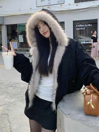 Distressed Vintage Washed Short Padded Coat With Detachable Fur Collar, Unisex Deconstructed Streetwear Style