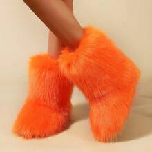 Women's Faux Fur Boots Furry Mid Calf Fur Boots Comfortable Outdoor Flat Shoes Winter Warm Plush Surface Snow Boots - Màu Cam cháy - Xem 7