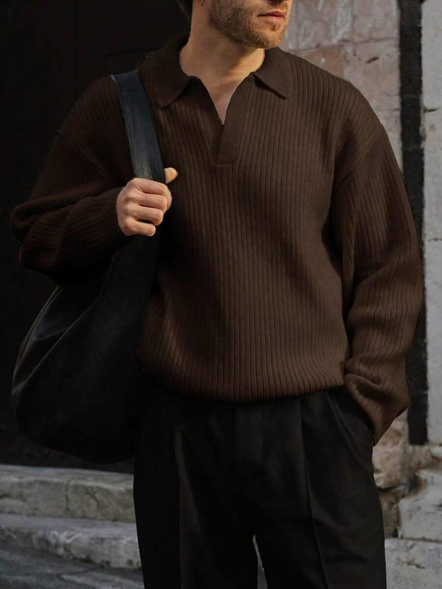 男士罗纹高领毛衣，休闲宽松套头针织衫，适合秋冬季节，长袖上衣 - 棕色 - 查看 1
