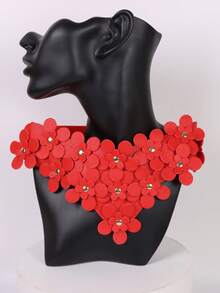 1件PU皮革花朵造型颈链，可调节颈圈，适合女性、女孩、派对、角色扮演、情人节礼物 - 紅色 - 查看 10