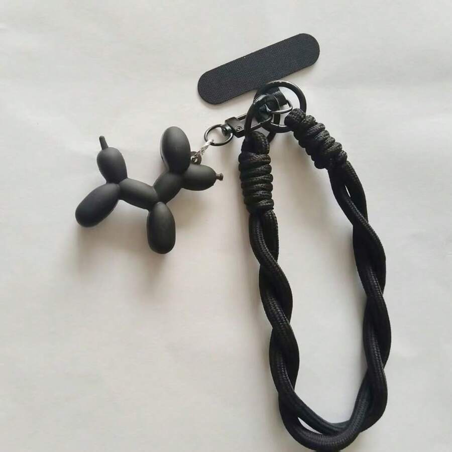 1 dây đeo điện thoại hình cún con màu đen bằng vải nhung, dây đeo cổ tay ngắn bằng nylon, dây bện màu trơn 6mm chống bẩn, móc khóa cầm tay - màu đen - Xem 1