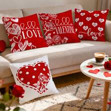 4pcs Valentine's Day Red & White Heart Pattern Pillow Cover, Single-Sided Printed Cushion Cover, Suitable For Living Room, Bedroom, Home Decor, All Season