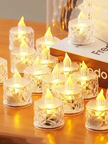 2/3/5/12/24个亚克力水晶图案LED电子蜡烛灯（含电池），玫瑰图案投影茶蜡烛灯，无焰蜡烛灯，适用于婚礼、情人节、节日、家居装饰、圣诞餐桌装饰 - 黃光 - 查看 8