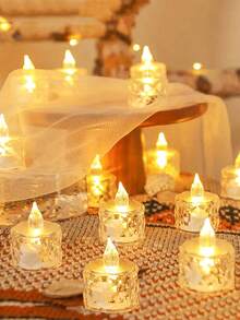 2/3/5/12/24个亚克力水晶图案LED电子蜡烛灯（含电池），玫瑰图案投影茶蜡烛灯，无焰蜡烛灯，适用于婚礼、情人节、节日、家居装饰、圣诞餐桌装饰 - 黃光 - 查看 2