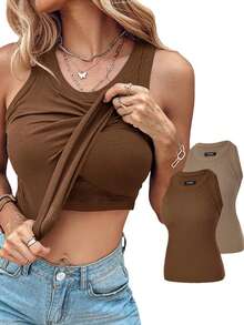 ChicMe 2pcs Built-In Bra Ribbed Knit Sleeveless Camisole, Fitted Slimming Casual Tank Top - Style 5 - View 4