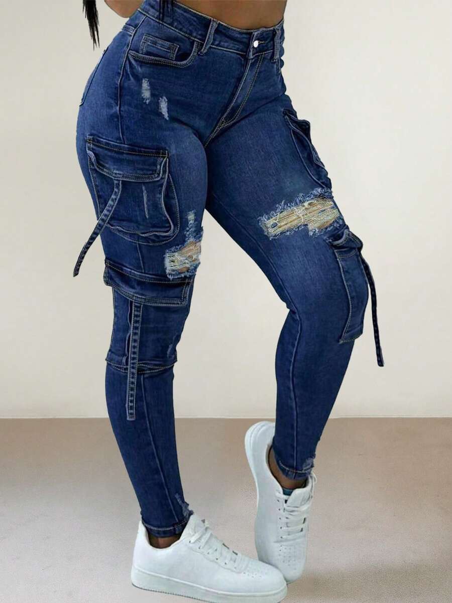 Y2K翻盖口袋工装牛仔裤 - 复古牛仔街头风，适合秋冬季休闲穿着 - 藍色 - 查看 1