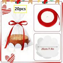 20 Pcs Christmas Clear Plastic Bake Bags With Red Ribbon 8 Inch Clear Cellophane Bags For Toast Bread Cookies Candy Chocolate Cake Christmas Gift Packaging Cake Tray And Gold Ribbon - 清紅金 - 查看 2