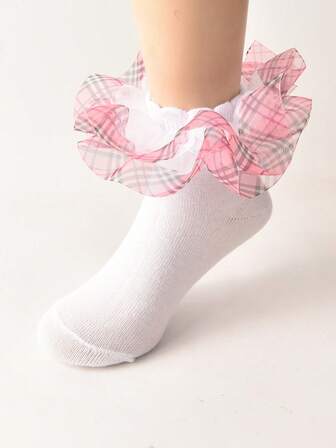 1 par de calcetines de niña con volantes y ribete a cuadros, calcetines plisados de princesa para bebé