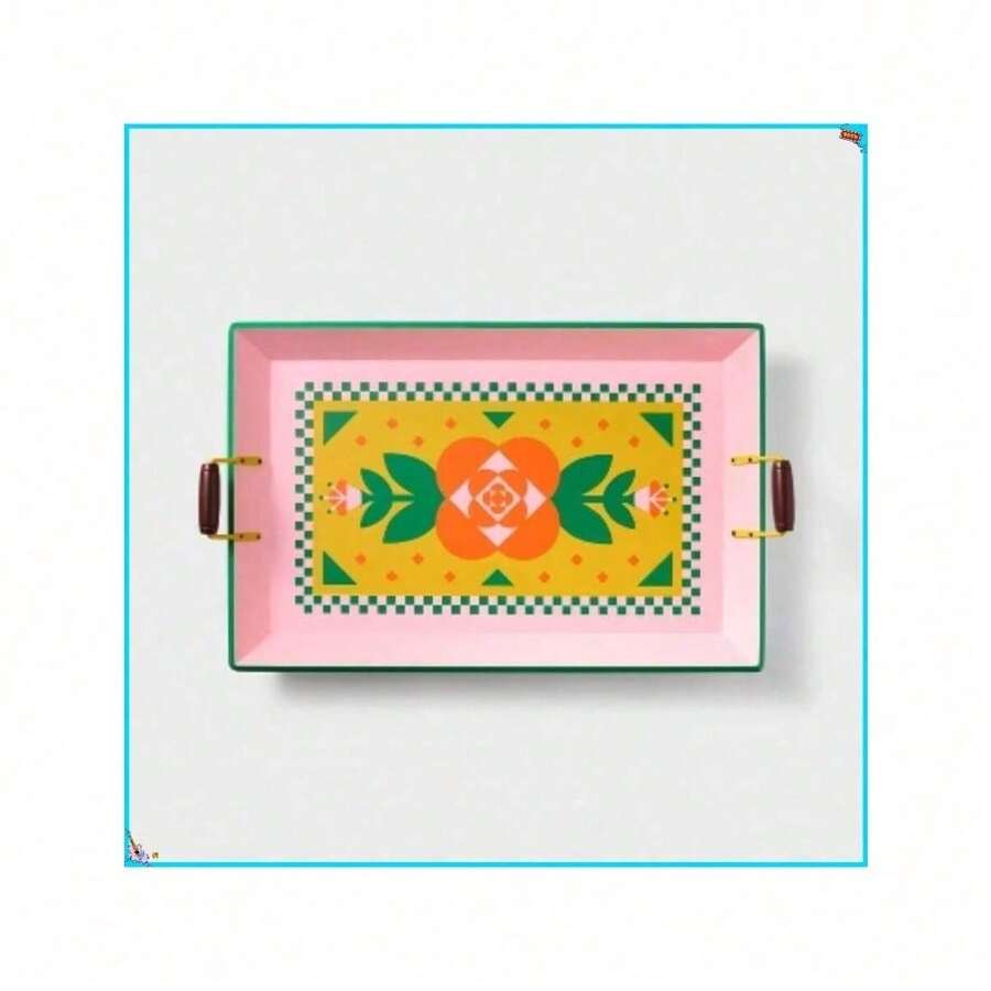 Vibrant Floral Wood Serving Tray With Handles In Pink Green Orange - Default - View 1