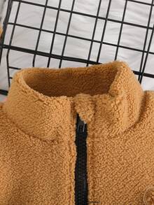 2pcs Baby Boy Fashionable Plush Bear Embroidered Collar Zip-Up Top And Pants Set, Comfortable - Brown - View 3