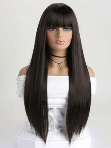 Peluca recta de 26 pulgadas de largo de color vino tinto con flequillo, peluca sintética resistente al calor con apariencia natural, adecuada para uso diario, Halloween, fiestas de cosplay y talla grande - Marrón oscuro - Ver 10