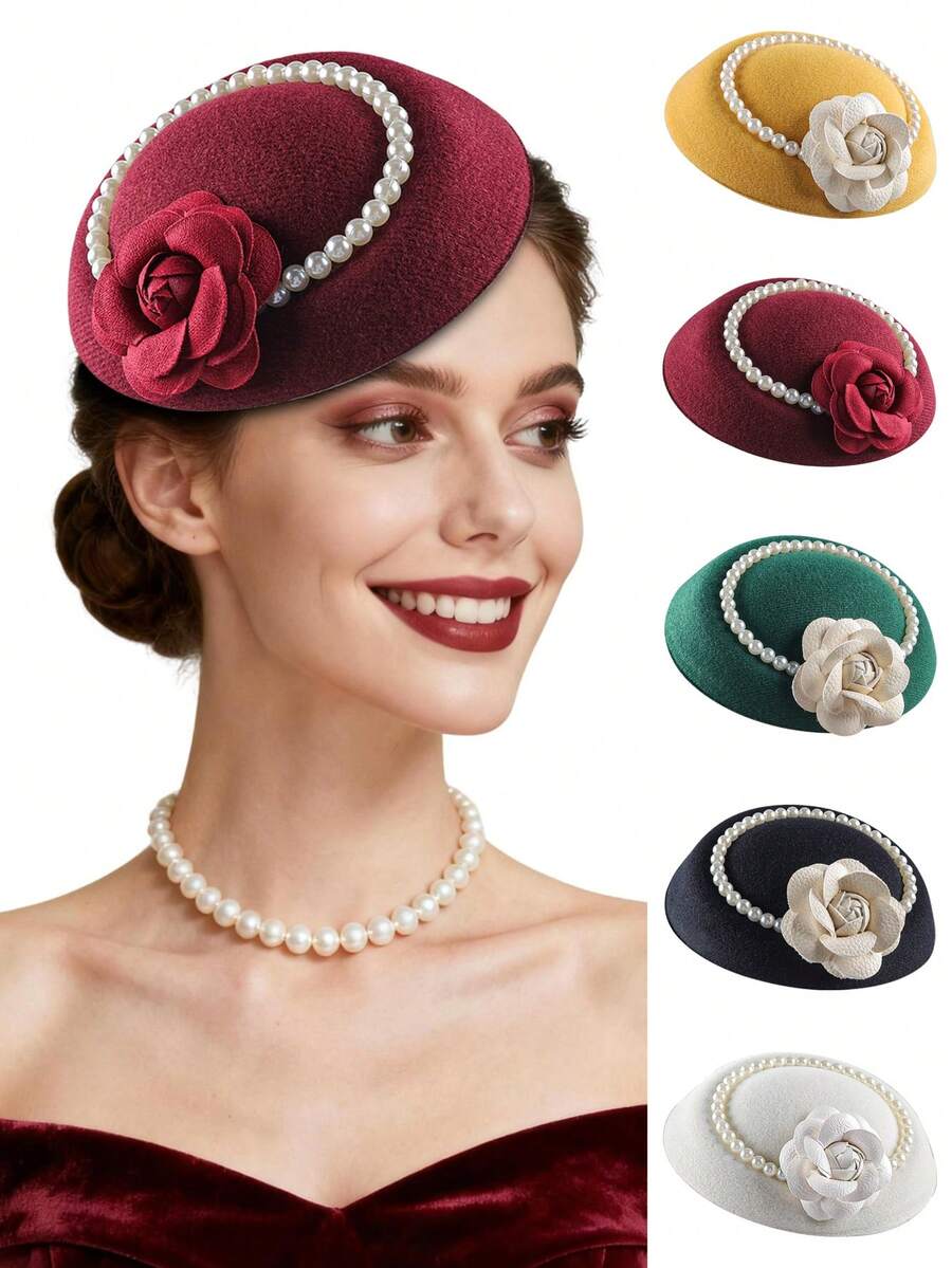 1pc Fascinators Hats For Women Tea Party Hat Kentucky Fascinator Derby Flower Pearl Pillbox Hat For Bridal Wedding, Tiny Hats, Mini Cap, Mini Fascinator - Multicolor - View 1