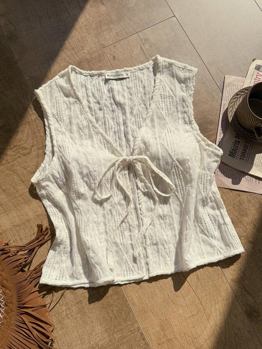 Rusttydustty Women's Young College Vintage Resort Bohemian Apricot Knitted Jacquard Tie-Up Vest - Apricot - View 1