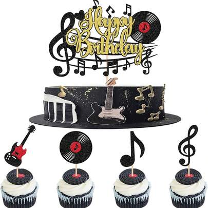 13PCS/25PCS Music Happy Birthday Cake Hats, Glitter Guitar Music Notes, CD, Cupcake Toppers, Vintage Music Cake Decorations, Music Theme, Rock Star Theme, Baby Shower, Birthday Party Supplies