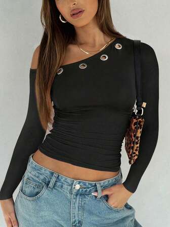 Sexy & Fashionable Versatile Solid Color Hollow Metal Ring Design Asymmetrical Shoulder Long Sleeve T-Shirt Top, Spring/Summer New Arrival,Long Sleeve Tops Women,Fall Clothes For Women
