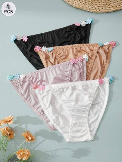 DORSU 4条装性感纯色印花丝滑柔软三角内裤，舒适夏季度假女士内衣