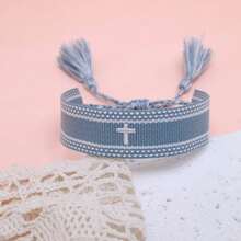 1pc Embroidered Cross Boho Handmade Woven Tassel Bracelet - Baby Blue - View 3