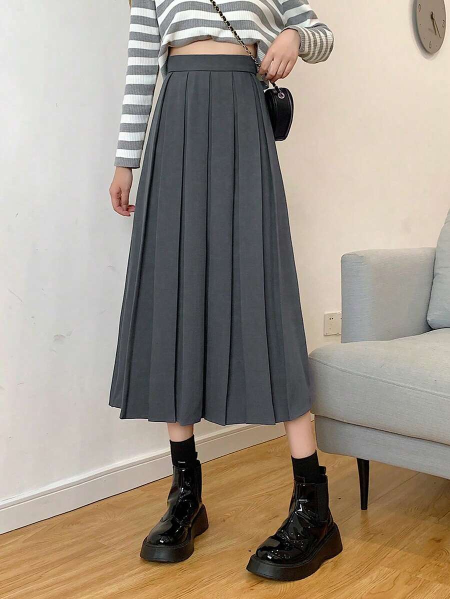 女士纯色高腰褶裥休闲A字裙 - 灰色 - 查看 1