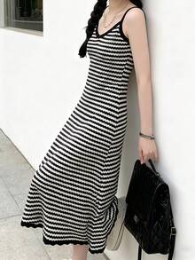 女士长款休闲条纹吊带夏季百搭连衣裙，优雅黑色 - 黑色 - 查看 4